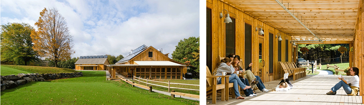 Left: A photo of the John Dorr Nature Laboratory. Right: Students relaxing in a hallway together at John Door.